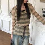 ニオンシースルーストライプフード付き長袖ニット