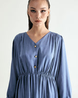 V-NECK CREASE SHIRRING ONEPIECE - CLASSIC BLUE (6635995955318)