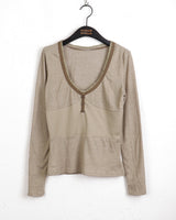 Zenki Vintage Button Ribbed Slim V-Neck T-Shirt
