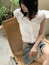 ローバエンボスパールボタン半袖ブラウス / Roba Embossed Pearl Button Short Sleeve Blouse