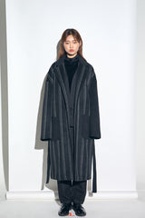 STRIPE COMBINATION WOOL ROBE COAT (Black) / ストライプコンビネーションウールローブコート
