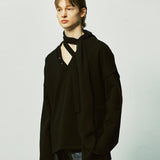 vネックレイヤードストリングピアススウェット / v-neck layerd string pierced mtm black