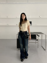 ボキンエンボスハートネックインシジョンリボン半袖Tシャツ/Bokin Embossed Heart Neck Cutout Ribbon Short Sleeve T-shirt