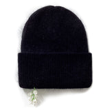 Drop White Flower Beads Beanie [Angora Black]