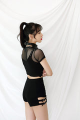 レイヤードメッシュショートスリーブクロップ / TOP(6631) Layered Mesh Short Sleeve Crop