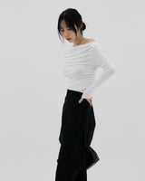 2ウェイボートネックシャーリングTシャツ / Two-way boat neck shirring t-shirt (2color)