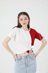 スリットリボンハーフスリーブTシャツ / Slit Ribbon Half-Sleeve T-shirt Red