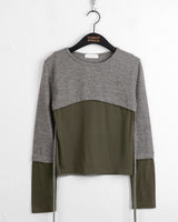 Warp two-tone color combination strap crop long-sleeved T-shirt