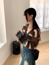 ルースアンゴラファーカラーコンビネーションストライプドニットカーディガン