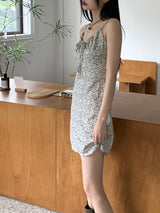 ルーツフラワーシャーリングリボンキャミミニワンピース / Roots Flower Shirring Ribbon Sleeveless Mini One Piece