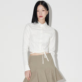 Crop Lace-Up Ribbon Shirt [WHITE] (6618557612150)