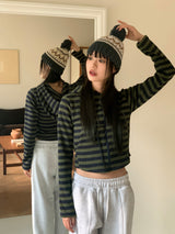 【裏起毛】ストライプニット フード付き ジップアップ