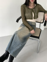 バッキービンテージマキシロングデニムスカート/Bucky Vintage Maxi Long Denim Skirt