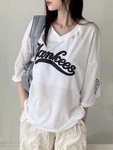 ヤンキースボクシーメッシュレタリングワッペンユニフォームVネックショートスリーブTシャツ