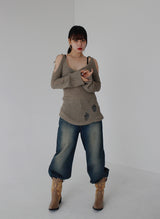 リボンオープンショルダーニット / Ribbon Open Shoulder Knit (4color)