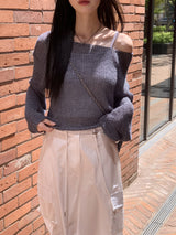 [5color]ジュエルサマーボートネック長袖ネットニット / Juel Summer Boat Neck Long Sleeve Net Knit