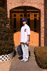 Cパッチユニセックス半袖オクスフォードシャツ / C Patch Short-Sleeved Unisex Sky blue Oxford Shirt