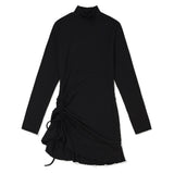 Shirring High-neck Mini Dress [BLACK] (6638395261046)