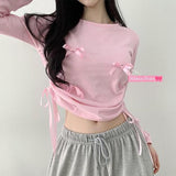 Myring Ribbon Side Shirring Semi-Crop Long Sleeve Tee (4 colors)