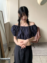 ミネンデニムオフショルダークロップド半袖ブラウス / Minen Denim Off Shoulder Cropped Short Sleeve Blouse