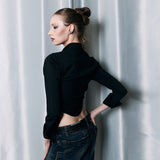 V-shape Cropped Blouse [Black]