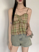 リペンチェックカップ付きシャーリングリボンストリングキャミソール / Lipen Check Cap-Included Shirring Ribbon String Sleeveless