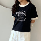 キャットビンテージピンクプリントセミクロップTシャツ / CAT VINTAGE DRAWING PINK PRINTING SEMI CROP T-SHIRTS BLACK