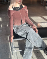 grunge washing off-shoulder crop two-way zip-up