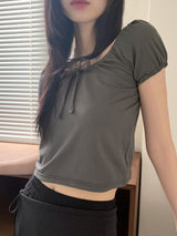 Kelle ribbon shirring mesh air puff cropped short-sleeved T-shirt