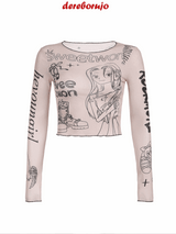 カートゥーンメッシュシースルー長袖Tシャツ