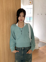High knee ribbed V-neck semi-crop long-sleeve knit