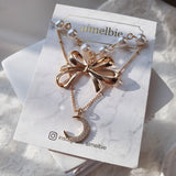 Princess Bow and Moon Layered Necklace - Gold Color