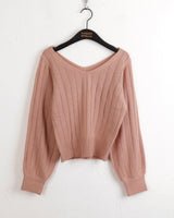 High knee ribbed V-neck semi-crop long-sleeve knit