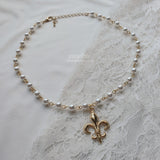 Fleur De Lis Pearl Choker Necklace  - Gold