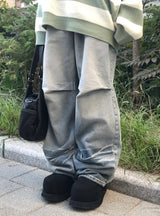 crack light blue washing dart wide denim pants