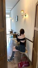 リボンオフショルダーバックレス長袖Tシャツ