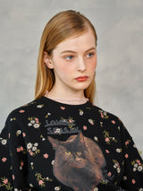 フラワーキャットレタリングスウェットシャツ / Flower Cat Lettering Sweatshirt (Black)