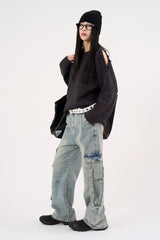 Raglan button open shoulder over-knit