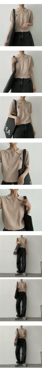 エンブロイダリーバンディングジップアップショートスリーブ ニットウェア / WM embroidery banding zip-up short-sleeved knitwear