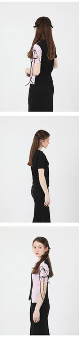 スリットリボンハーフスリーブTシャツ / Slit Ribbon Half-Sleeve T-shirt Pink
