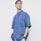 フロントシームウォッシュドデニムシャツ / FRONT SEAM WASHED DENIM SHIRT LIGHTBLUE