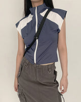 スポーツセミクロップベストジップアップ/Slon  Sporty Color Semi-Crop Short-Sleeved Vest Zip-Up