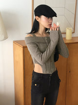 Tempt off-shoulder cut line ribbed crop zip-up