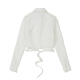 Crop Lace-Up Ribbon Shirt [WHITE] (6618557612150)