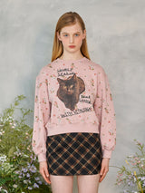 フラワーキャットレタリングスウェットシャツ / Flower Cat Lettering Sweatshirt (Pink)