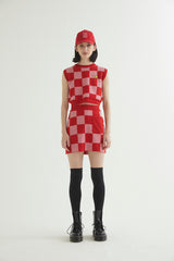 CHECKERBOARD KNIT MINI SKIRT RED (6608602169462)