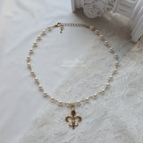 Fleur De Lis Pearl Choker Necklace  - Gold