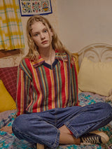 Open Collar Stripe Knit (Red)
