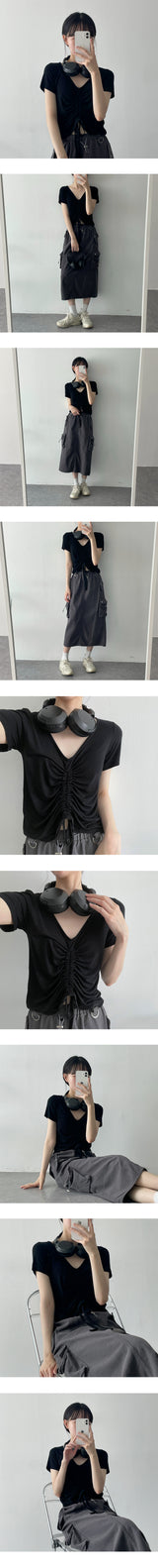 ロールノーズリングプリーツシャーリング半袖Tシャツ / Roll nose ring pleated shirring short sleeve T-shirt