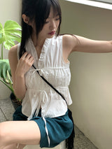 リウムプリーツシャーリングストリングノースリーブブラウス / Leeum pleated shirring string sleeveless blouse